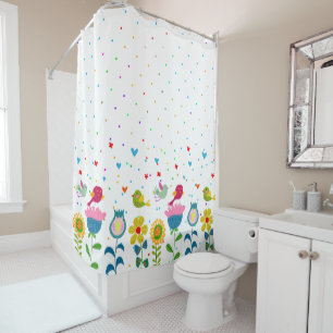 Colourful retro flowers & cute birds shower curtain