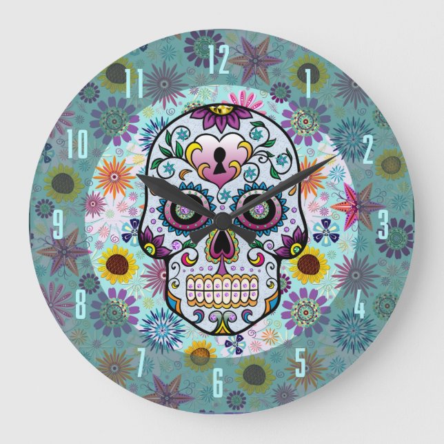 Colourful Retro Flowers & Diamonds Skull Design Large Clock (Front)