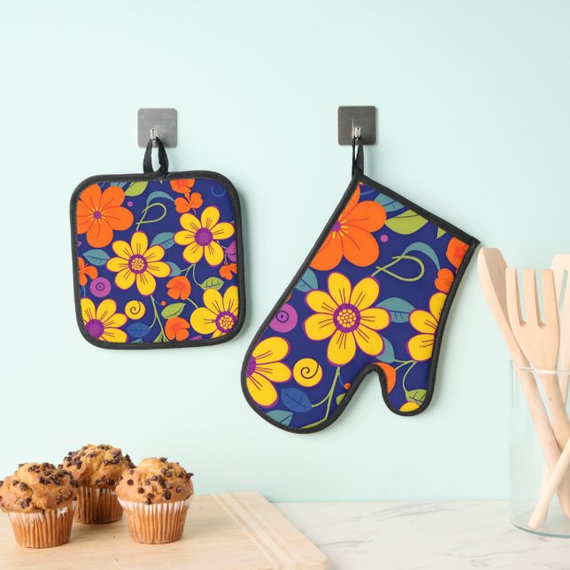 Colourful Retro Flowers-Dopamine Style Oven Mitt & Pot Holder Set (Insitu(Hanging))