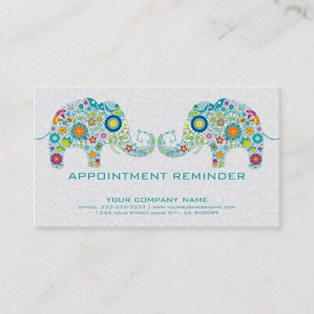 Colourful Retro Flowers Elephant Appointment Card (Front)