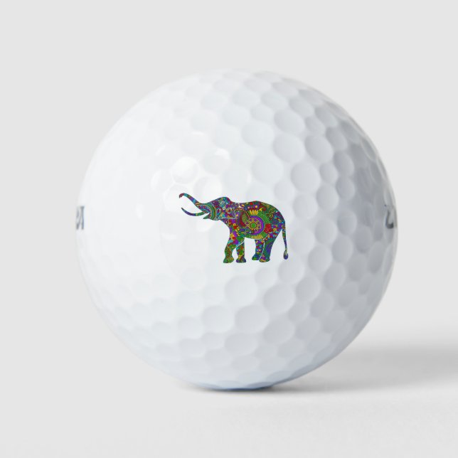 Colourful Retro Flowers Elephant Illustration Golf Balls (Front)