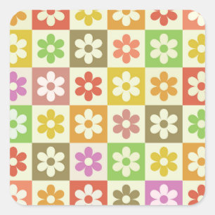Colourful Retro Flowers on Chequerboard Pattern  Square Sticker