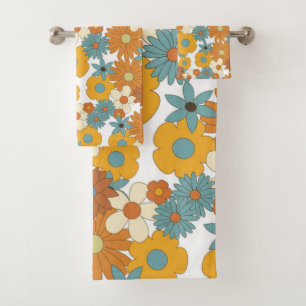 Colourful Retro Flowers Pattern Bath Towel Set