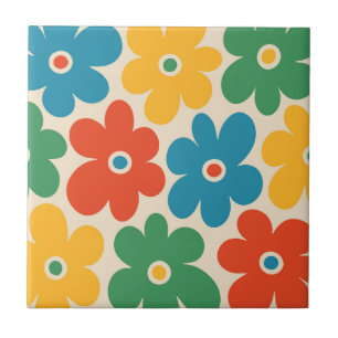 Colourful Retro Flowers Pattern Ceramic Tile