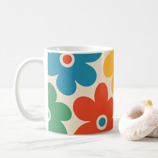 Colourful Retro Flowers Pattern Coffee Mug (With Donut)