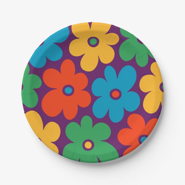 Colourful Retro Flowers Pattern Paper Plate (Front)