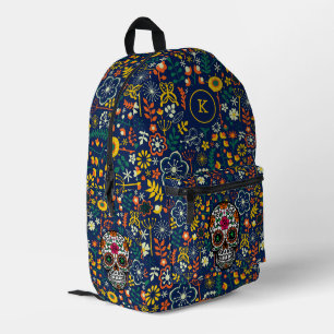 Colourful retro flowers pattern retro skull printed backpack