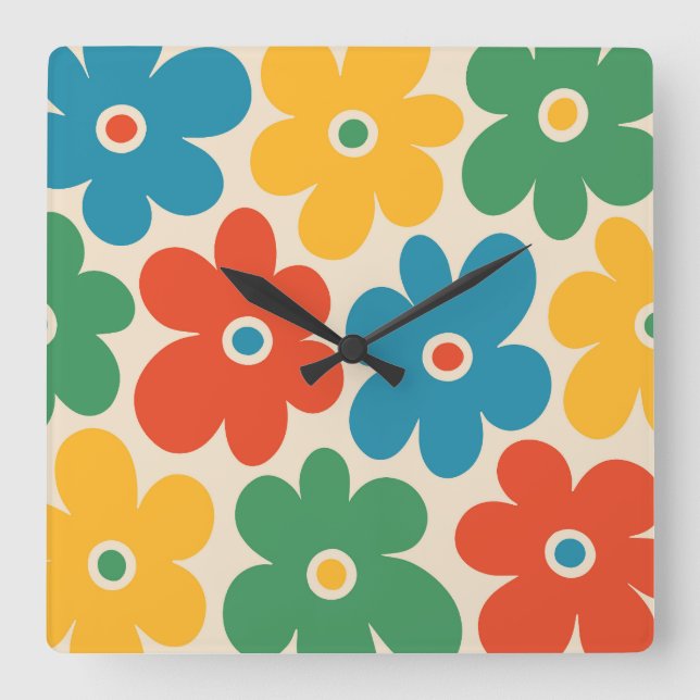Colourful Retro Flowers Pattern Square Wall Clock (Front)