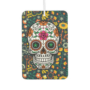 Colourful retro flowers pattern & sugar skull car air freshener
