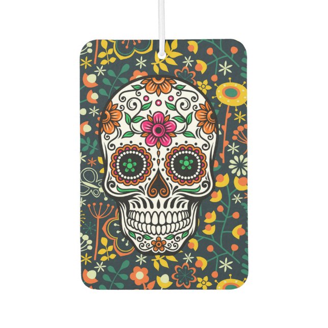 Colourful retro flowers pattern & sugar skull car air freshener (Front)