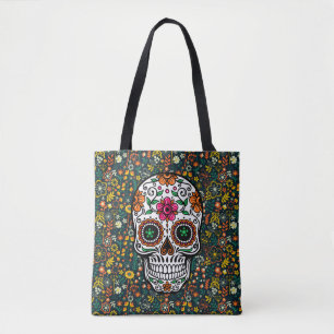Colourful Retro Flowers Pattern & Sugar Skull Tote Bag