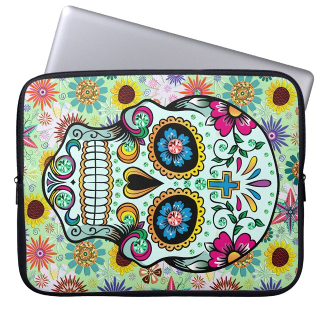 Colourful Retro Flowers Skull 2 Laptop Sleeve (Front)