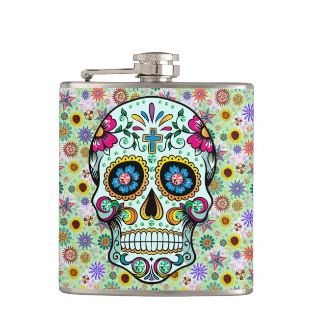 Colourful Retro Flowers Skull Hip Flask (Front)