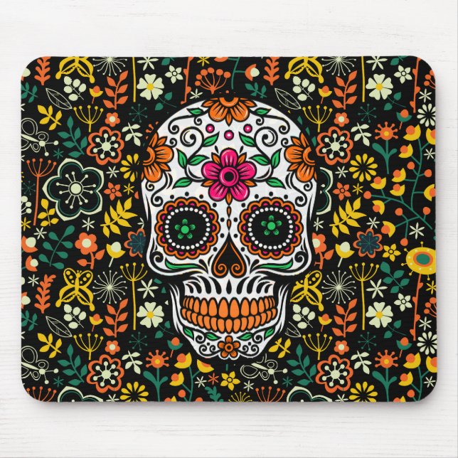 Colourful Retro Flowers Sugar Skull Mouse Pad (Front)