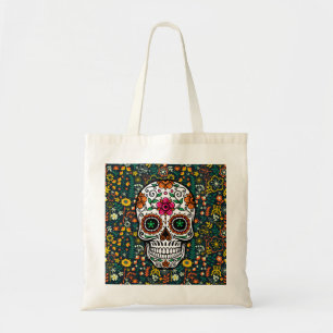 Colourful Retro Flowers & Sugar Skull Tote Bag