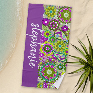 Colourful Retro Flowers with Monogram Beach Towel