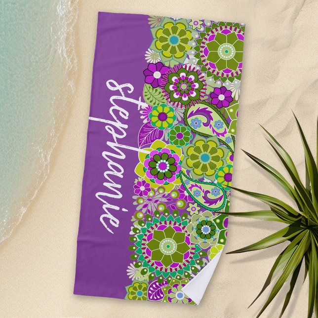Colourful Retro Flowers with Monogram Beach Towel (Personalized Beach Towel)
