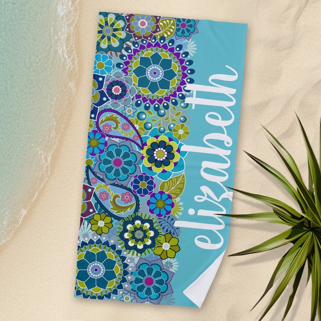 Colourful Retro Flowers with Monogram Beach Towel (Personalized Beach Towel)