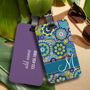 Colourful Retro Flowers with Monogram Luggage Tag