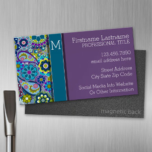 Colourful Retro Flowers with Monogram Magnetic Business Card