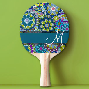 Colourful Retro Flowers with Monogram Ping Pong Paddle