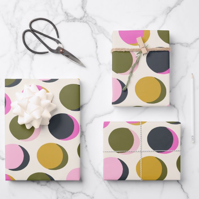 Colourful Retro Geometric Dots Pattern Green Pink Wrapping Paper Sheet (Front)