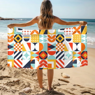 Colourful Retro Geometric Pattern Beach Towel