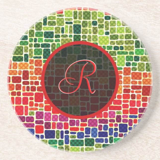 Colourful Retro Geometric Pattern-Monogram Coaster (Front)