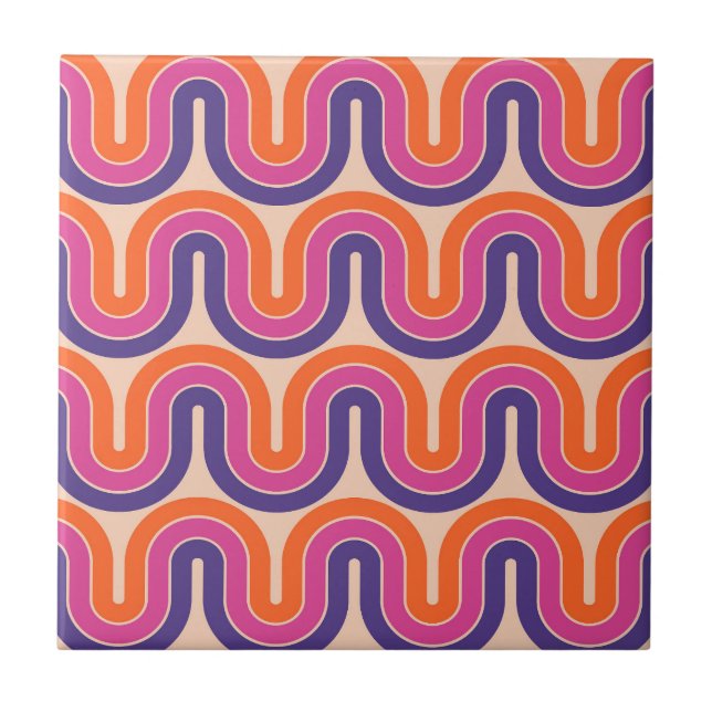Colourful Retro Geometric Wave Design Ceramic Tile (Front)