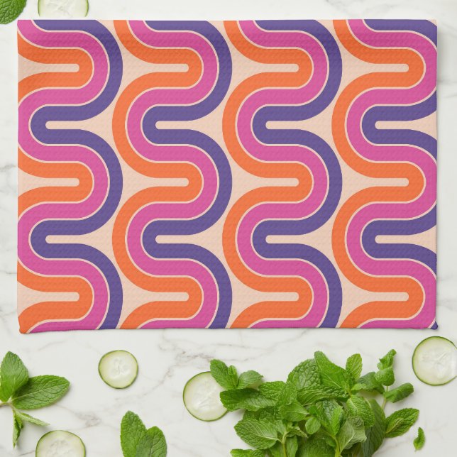 Colourful Retro Geometric Wave Design Tea Towel (Folded)
