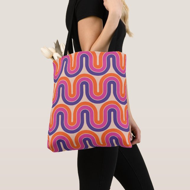 Colourful Retro Geometric Wave Design Tote Bag (Close Up)