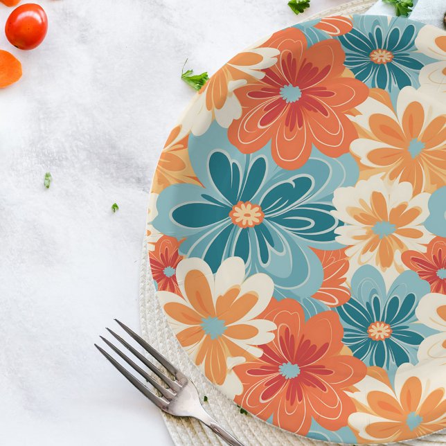 Colourful Retro Groovy Floral Hippie Pattern Paper Plate (Creator Uploaded)