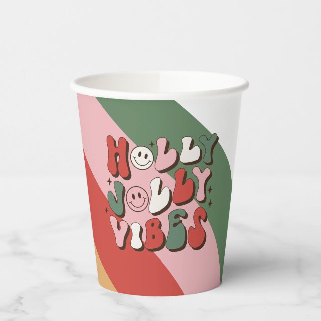 Colourful Retro Groovy Holly Jolly Vibes Christmas Paper Cups (Left)
