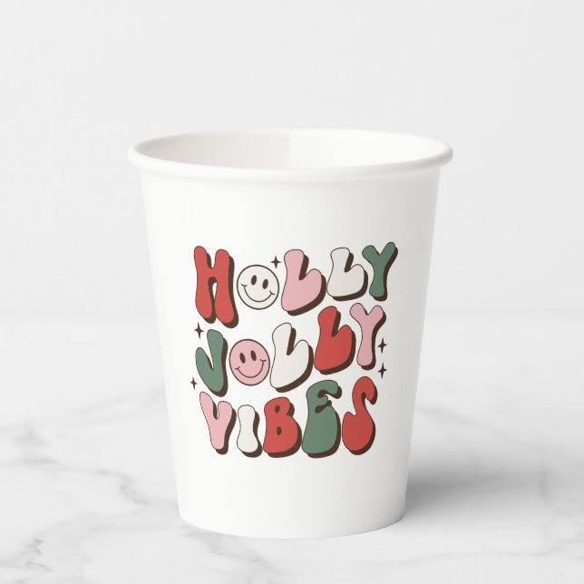 Colourful Retro Groovy Holly Jolly Vibes Christmas Paper Cups (Left)