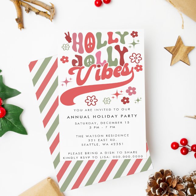 Colourful Retro Groovy Holly Jolly Vibes Holiday Invitation (Colorful Retro Groovy Holly Jolly Vibes Holiday Invitation)