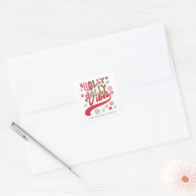 Colourful Retro Groovy Holly Jolly Vibes Holiday Square Sticker (Envelope)