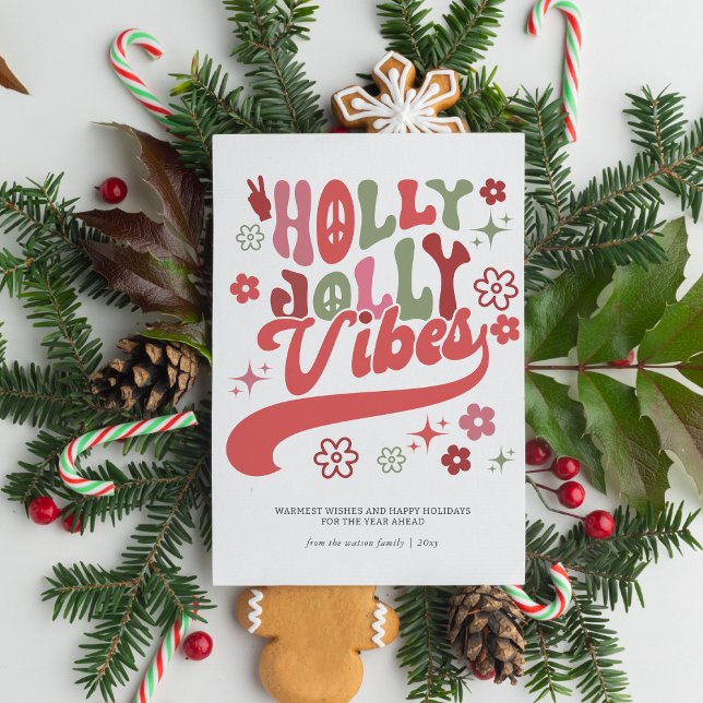 Colourful Retro Groovy Holly Jolly Vibes Typograph Holiday Card (Colorful Retro Groovy Holly Jolly Vibes Typography Holiday Card)