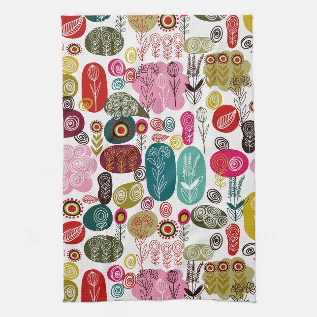 Colourful Retro Hand Drawn Flowers Illustration Tea Towel (Vertical)