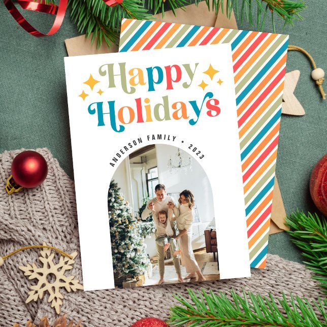 Colourful Retro Happy Holidays Christmas Photo Holiday Card (Creator Uploaded)