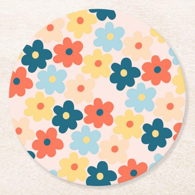 Colourful Retro Hippie Flower Pattern Round Paper Coaster (Front)