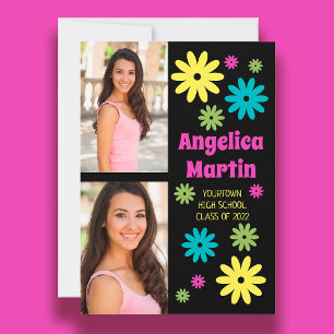 Colourful Retro Hippie Flowers 2 Photo Graduation Invitation