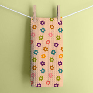 Colourful Retro Hippie Flowers on Cream Tea Towel