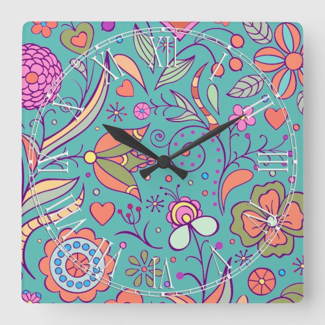 Colourful Retro Hippy Chic Flower Floral Square Wall Clock (Front)