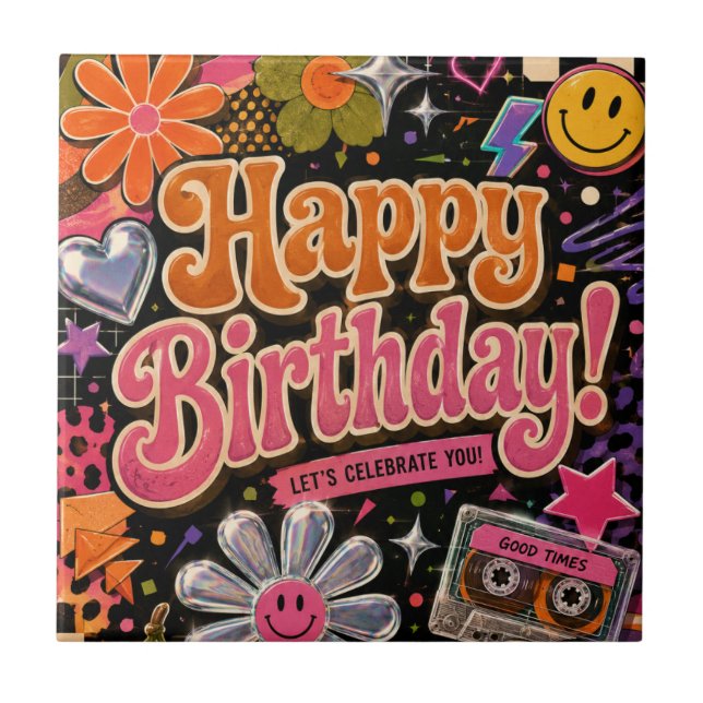 Colourful Retro-Inspired Design with Typography Ceramic Tile (Front)