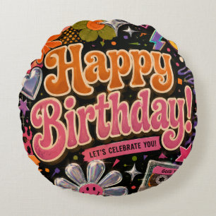 Colourful Retro-Inspired Design with Typography Round Cushion