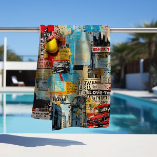 Colourful retro junk travel grunge style collage bath towel set