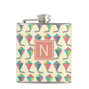 Colourful Retro Kite Pattern Monogram Hip Flask