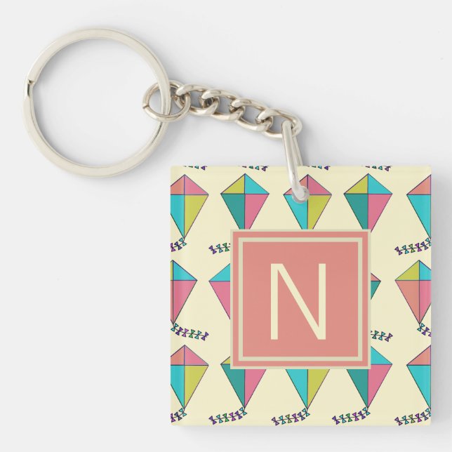 Colourful Retro Kite Pattern Monogram Key Ring (Front)