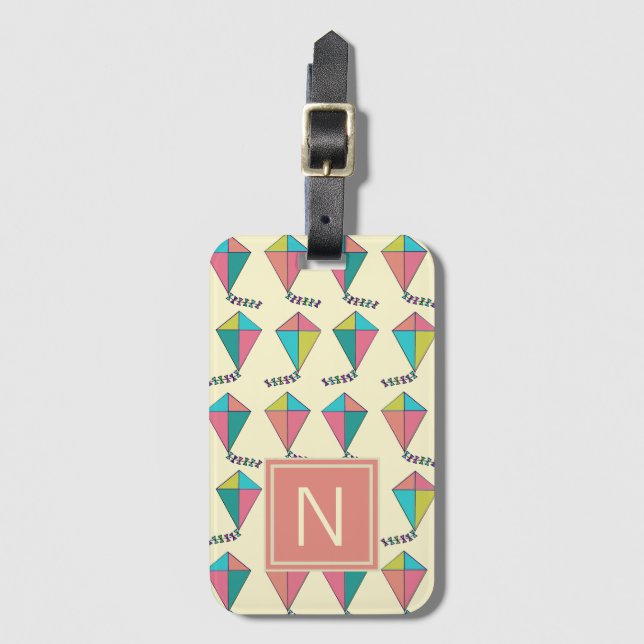 Colourful Retro Kite Pattern Monogram Luggage Tag (Front Vertical)