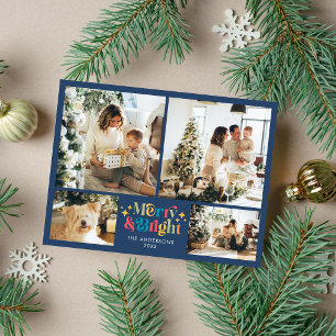 Colourful Retro Merry and Bright 4 Photo Christmas Holiday Postcard